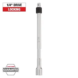 The image shows a 1/4" drive locking extension bar. The bar is made of chrome and features a knurled grip. There is a "Lifetime Guarantee" badge at the bottom left and a "1/4'' Drive Locking" label at the top left.