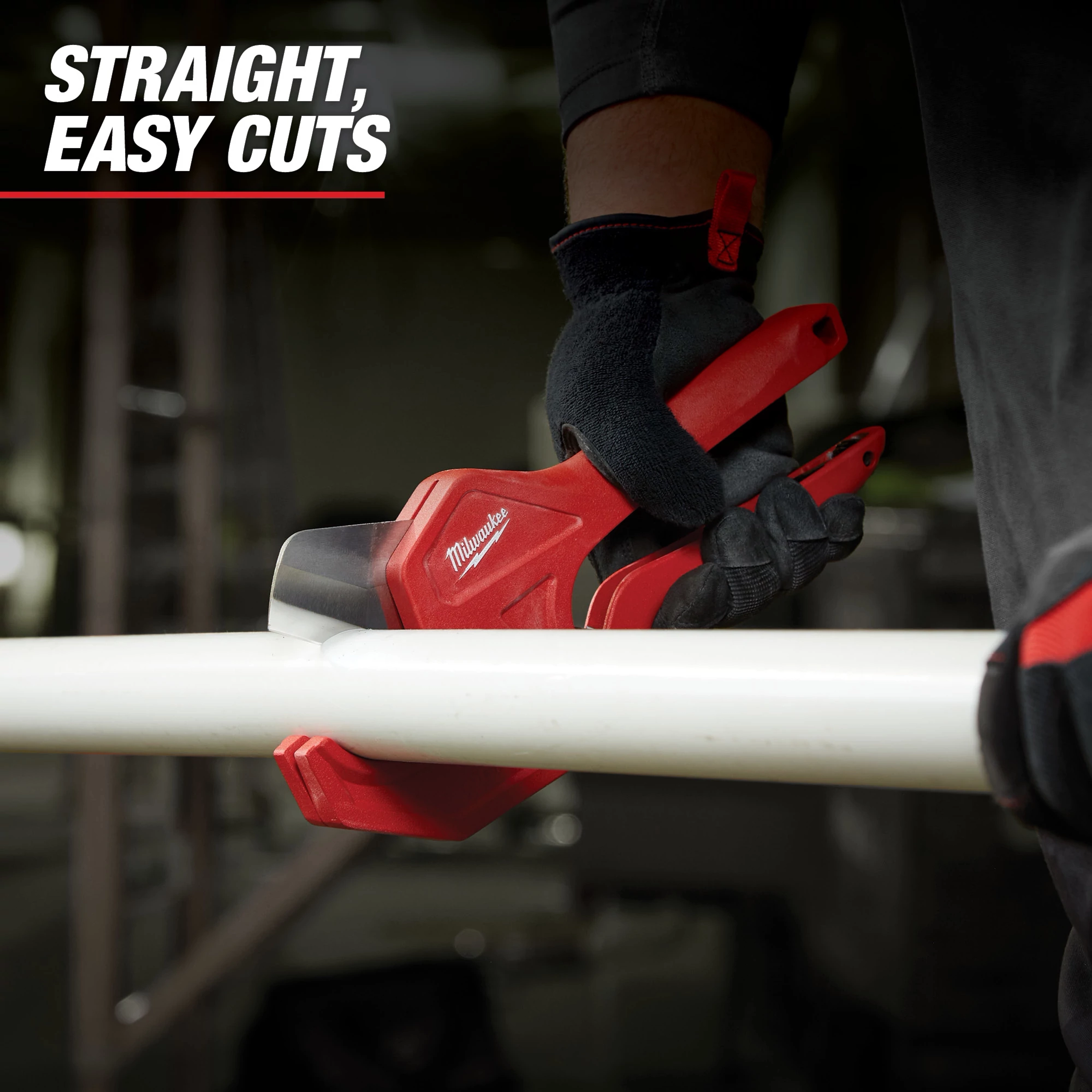 The Milwaukee PVC Cutter is shown being used by a person wearing black gloves to cut through a white PVC pipe, with the text "Straight, Easy Cuts" displayed.