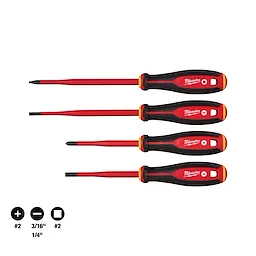 4pc 1000V Insulated Slim Tip Screwdriver Set includes four screwdrivers with red insulated handles and black tips.
