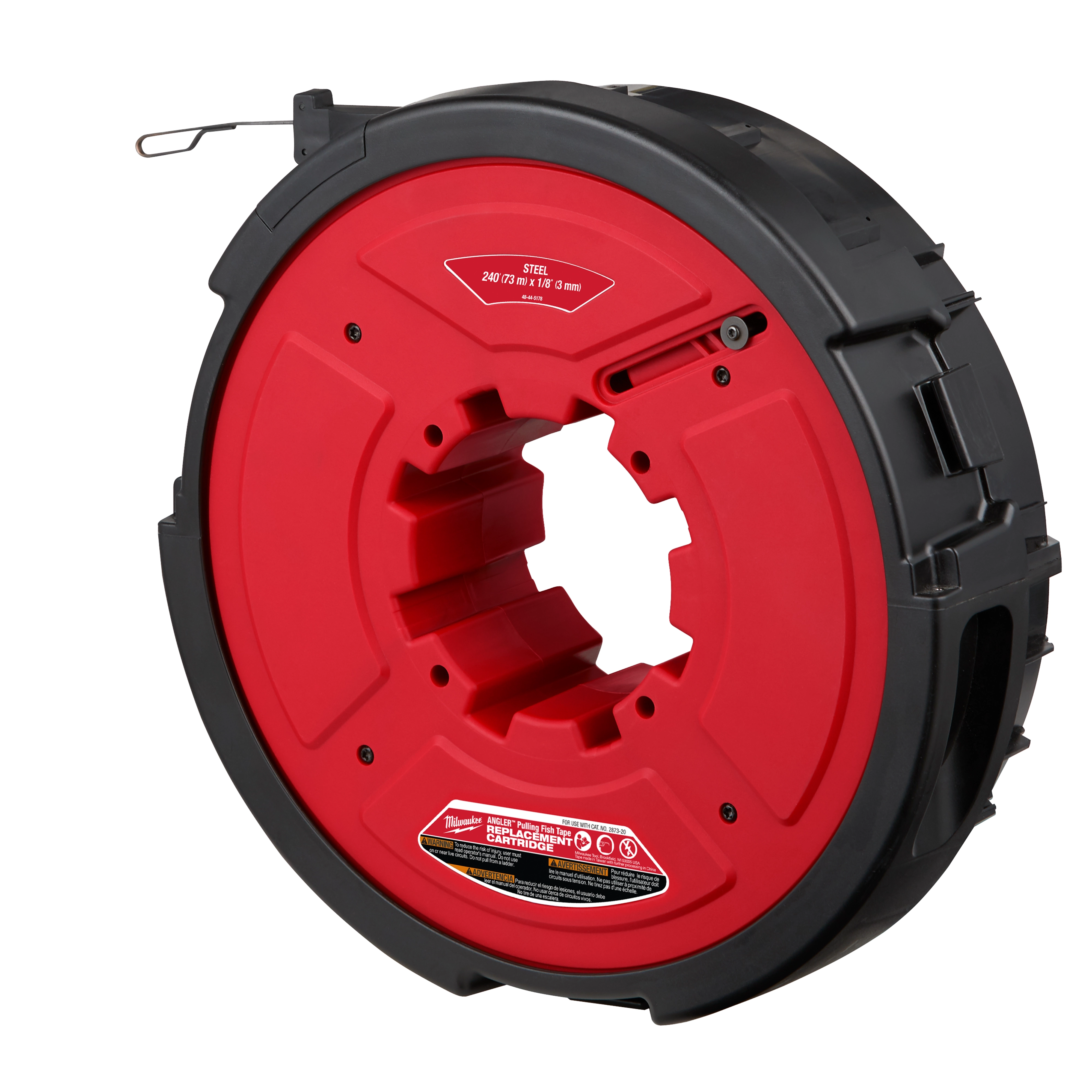 M18 FUEL™ ANGLER™ 240' x 1/8" Steel Pulling Fish Tape Replacement Cartridge is a red and black circular tool housing designed for efficient wire pulling, featuring multiple slots and a built-in handle hook.