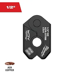 The 1/2" Streamline® ACR Pivoting Press Ring is a black metallic tool designed for copper pipes, featuring a pivoting mechanism for secure connections. It displays "1/2" OD ACR-STRM X3X4" and the Milwaukee brand logo in white text on its surface.