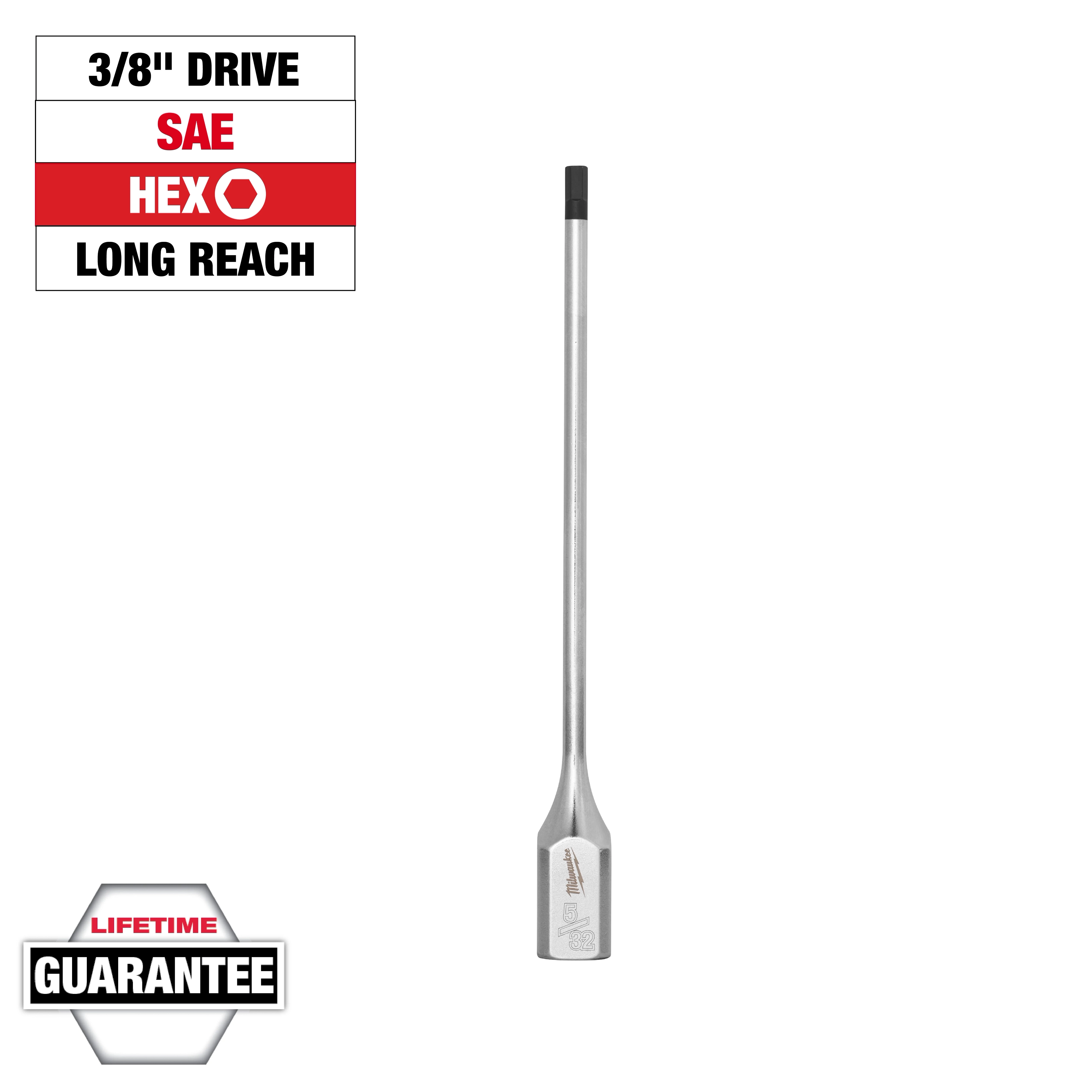 3/8" Drive 5/32" Long Hex Bit Socket, a long-reach hex bit with a lifetime guarantee label and SAE, Hex, Long Reach text.