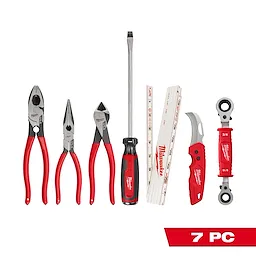 The 7 PC. Power Utility Hand Tool Set includes pliers, needle nose pliers, diagonal cutters, a screwdriver, a folding ruler, a utility knife, and a multi-socket wrench. The handles are red with black accents, and the tools have the Milwaukee brand logo.