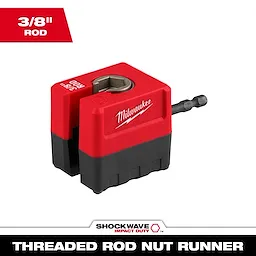 The SHOCKWAVE™ Impact Duty 3/8" Threaded Rod Nut Runner is a red and black tool with "Milwaukee" branding. It features a 3/8" rod slot and a hex drill bit. It is designed for high-impact applications and efficient threading of nuts onto rods.