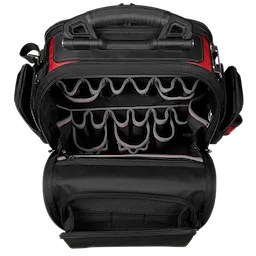 Interior view of the PACKOUT Structured Backpack showcasing multiple organized tool compartments and pockets, with a reinforced handle above.