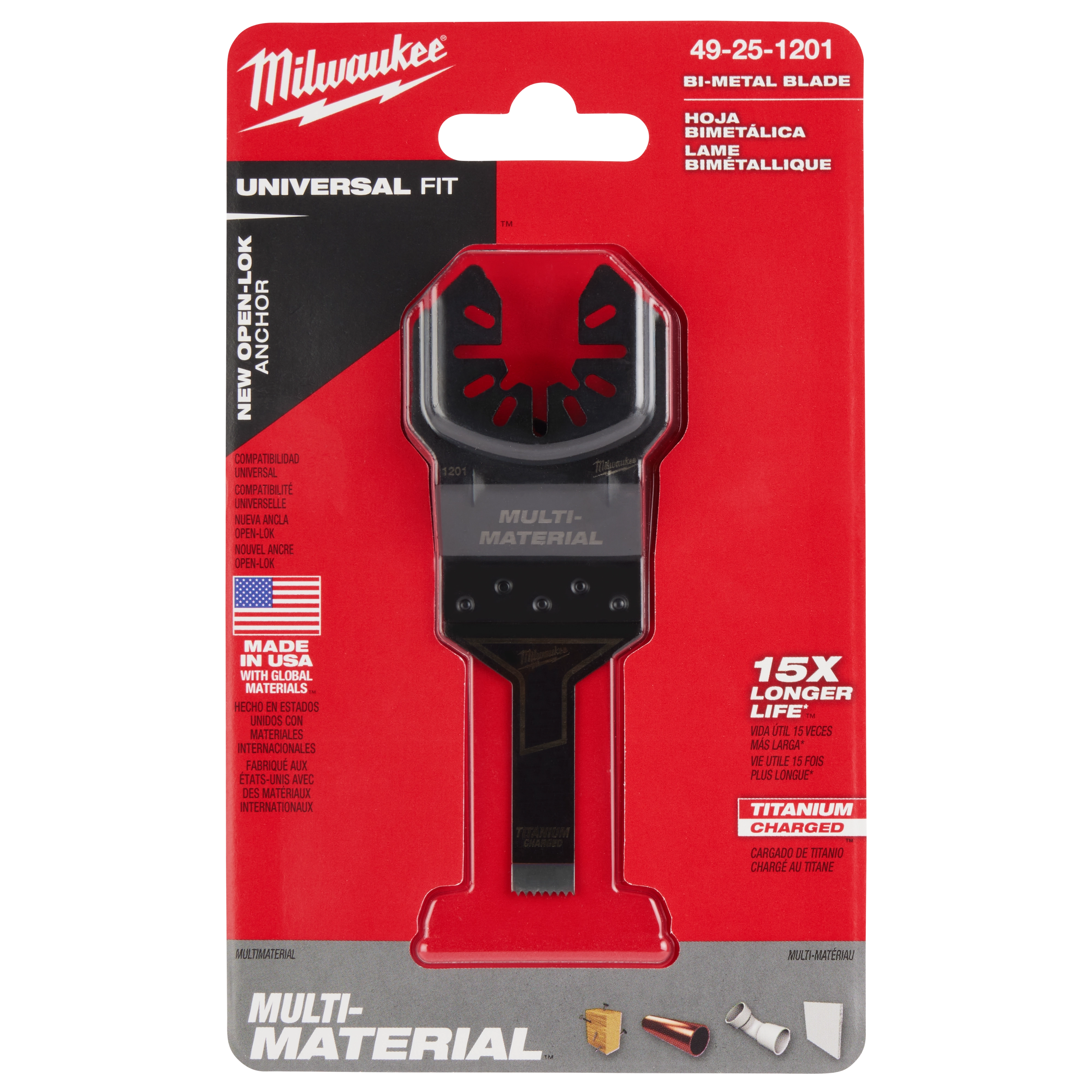 Milwaukee Open-Lok 3/8" Titanium Charged Bi-Metal Multi-Material Multi-Tool Blade in red packaging with product details and specs.