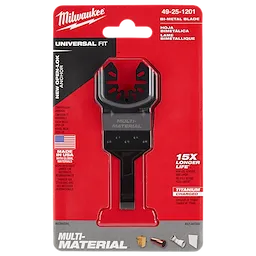 Milwaukee Open-Lok 3/8" Titanium Charged Bi-Metal Multi-Material Multi-Tool Blade in red packaging with product details and specs.