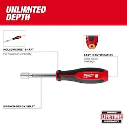 HollowCore Nut Driver - SAE features a wrench-ready, HollowCore shaft for versatility, color-coded markings for easy identification, and a red and black handle.