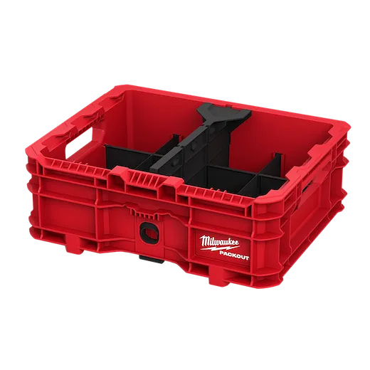 The PACKOUT Low-Profile Crate by Milwaukee is a red, heavy-duty storage container with versatile dividers and a durable construction. It features integrated handles for easy transport and connectivity with other PACKOUT storage solutions. The crate provides ample, organized space for tools and accessories.
