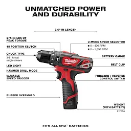 Milwaukee M12 Cordless 2-Tool Combo Kit showcasing drill details: 275 in-lbs torque, 2-mode speed selector, 18 position clutch, and LED light.