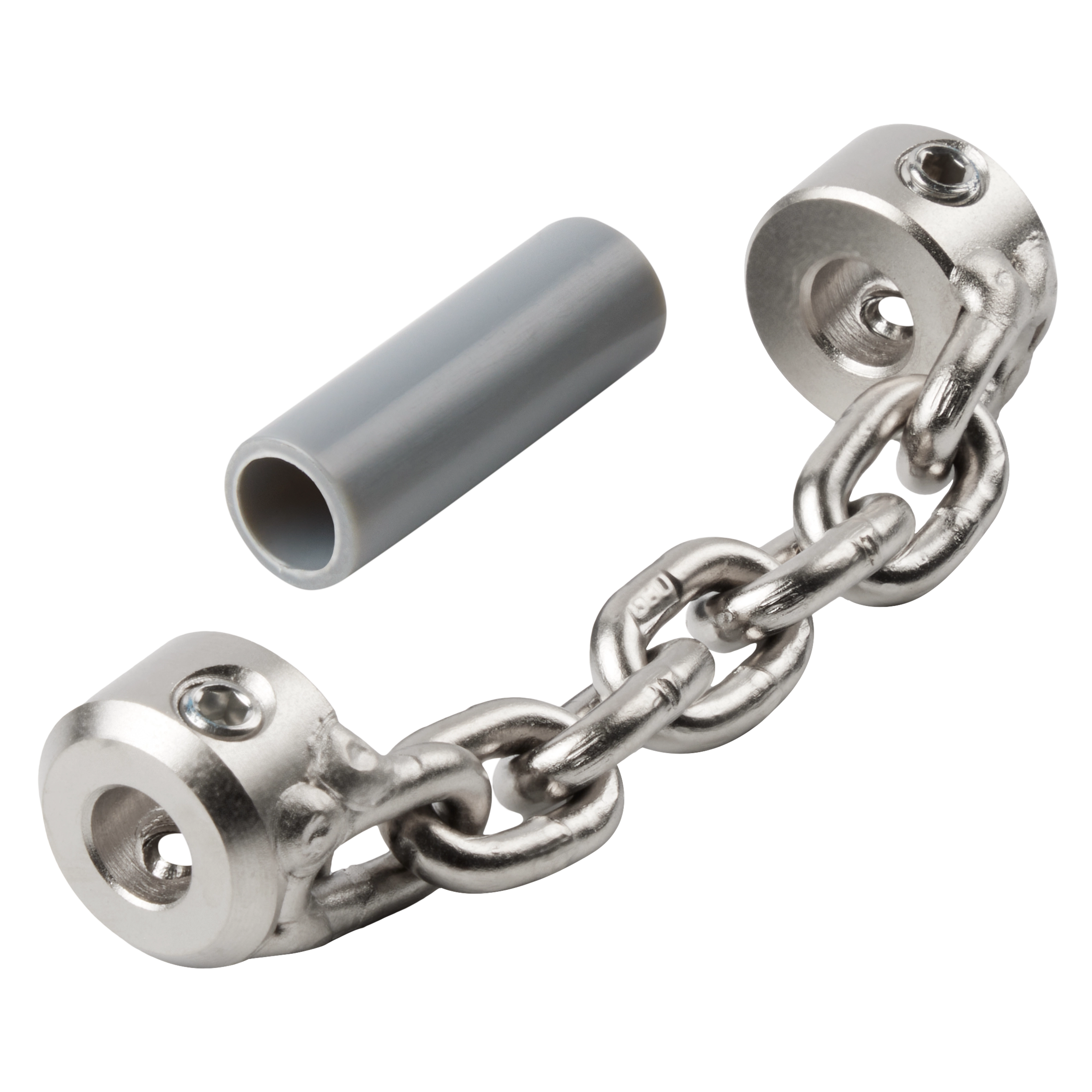 1-1/2 inch Standard Chain Knocker for 5/16 inch Chain Snake Cable is a metal tool with two solid ends connected by a chain. It is shown with a separate cylindrical plastic component.
