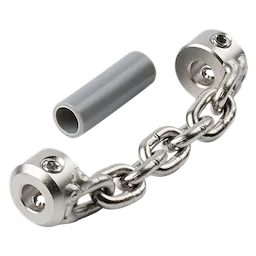 1-1/2 inch Standard Chain Knocker for 5/16 inch Chain Snake Cable is a metal tool with two solid ends connected by a chain. It is shown with a separate cylindrical plastic component.