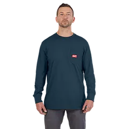 Heavy Duty Pocket T-Shirt - Blue worn by a model, featuring long sleeves and a left chest pocket with a red label.