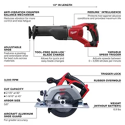 The image displays features of the M18 6-Tool Combo Kit, highlighting the sawzall and circular saw. Key elements include anti-vibration mechanism, REDLINK intelligence, adjustable shoe, tool-free blade change, variable speed trigger, trigger lock, rubber overmold, and the aircraft aluminum shoe guard.
