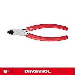 8" Diagonal Cutting Pliers with red handles centered on a white background above a red banner with text.