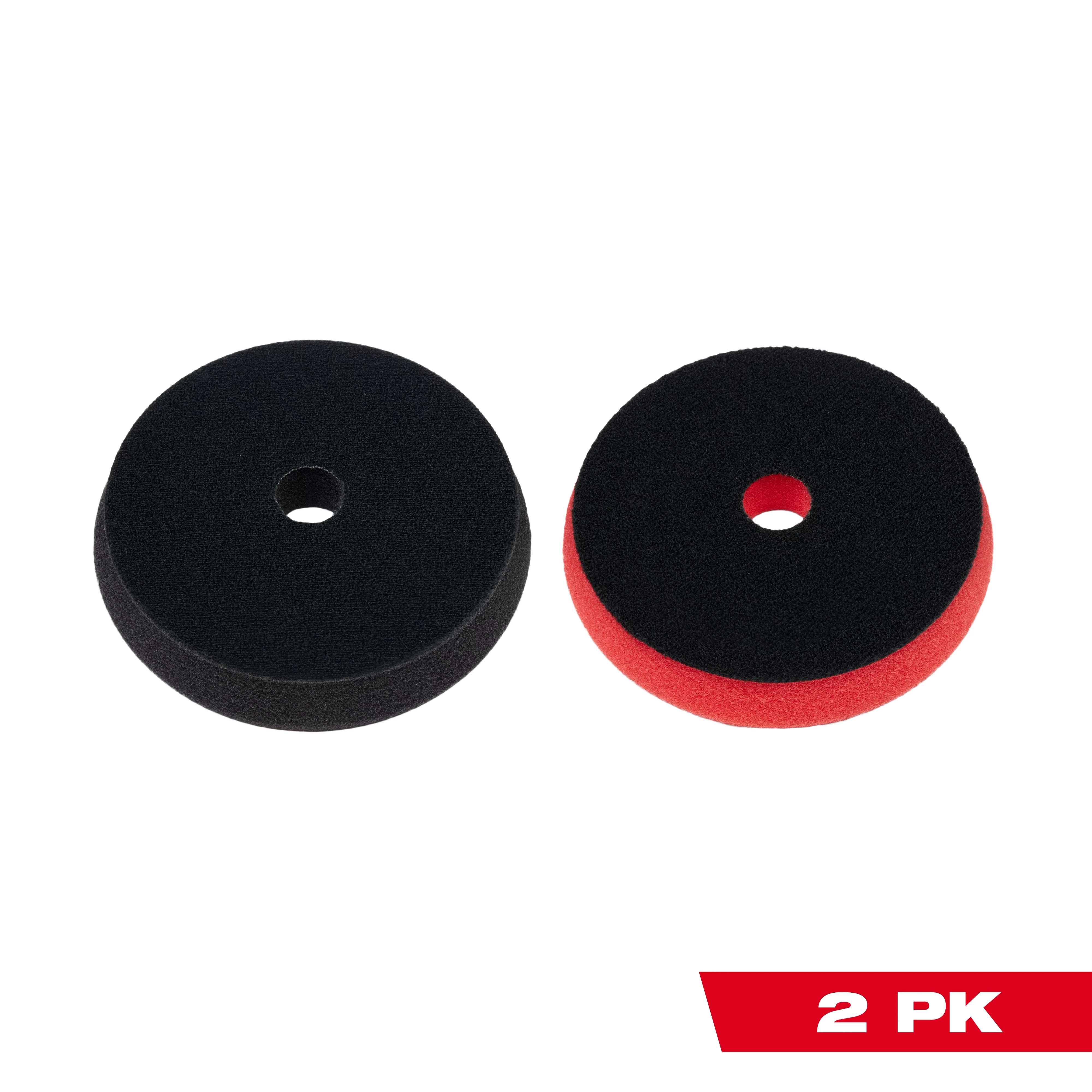 5" Foam Light Cutting/Polishing Pad 2PK includes two round, foam pads with center holes, in black and black/red colors.