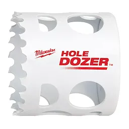 Milwaukee brand RANGE%20OF%20Hole%20Dozer%20Bi-Metal%20Hole%20Saw%20%202%22%202-1%2F16%22. White cylindrical saw with serrated edge and ventilation holes.