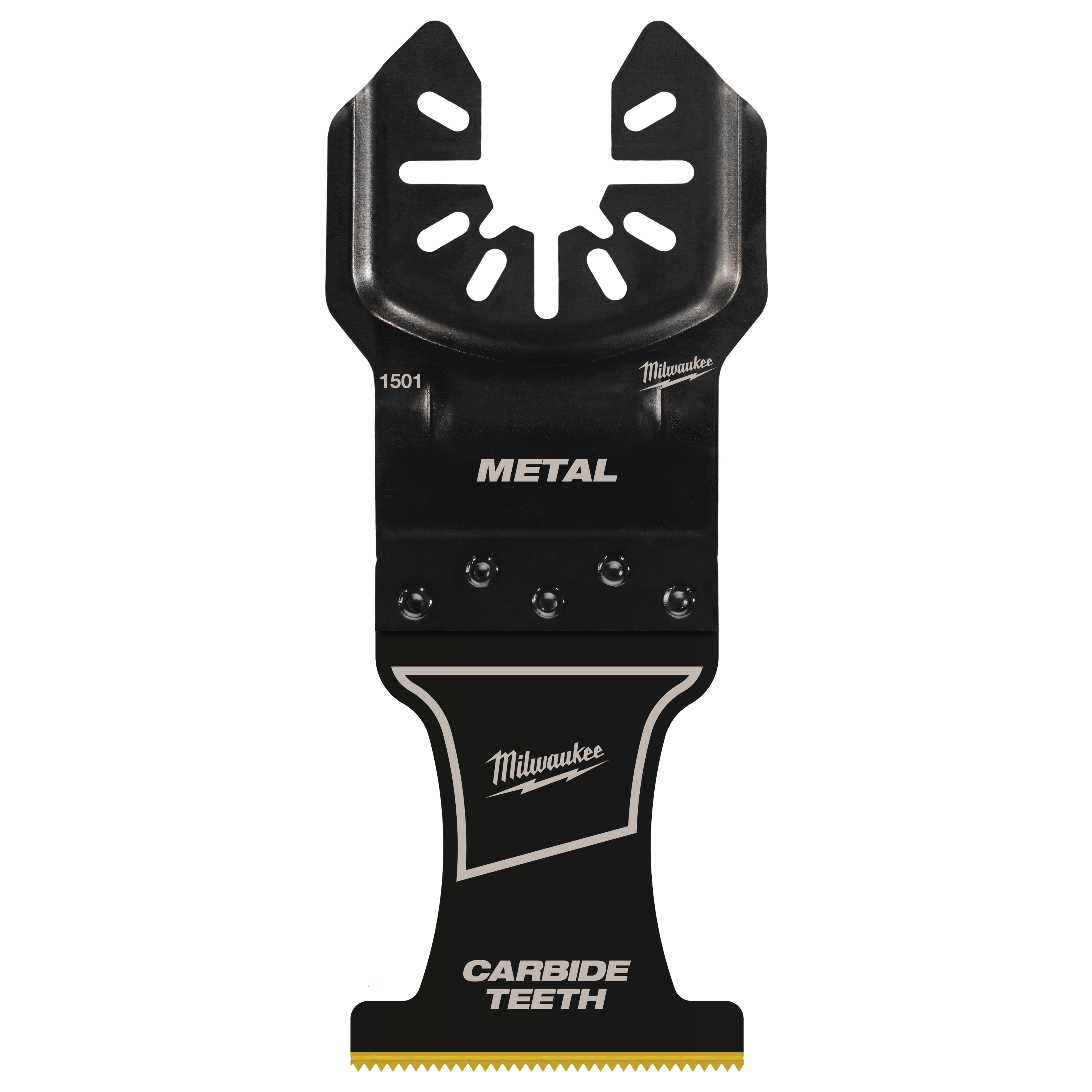 Milwaukee Open-Lok 1-3/8" Carbide Teeth Metal Multi-Tool Blade, featuring a black body with carbide teeth and "Metal" text.