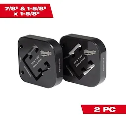 7/8" & 1-5/8" x 1-5/8" Combination Strut Shearing Dies, 2 PC, black with engraved measurements and the brand name Milwaukee.