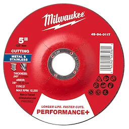 Red 5" x .045" x 7/8" Performance+ Metal Cut Off Wheel, Type 27, for cutting metal and stainless steel with max RPM of 12,250.