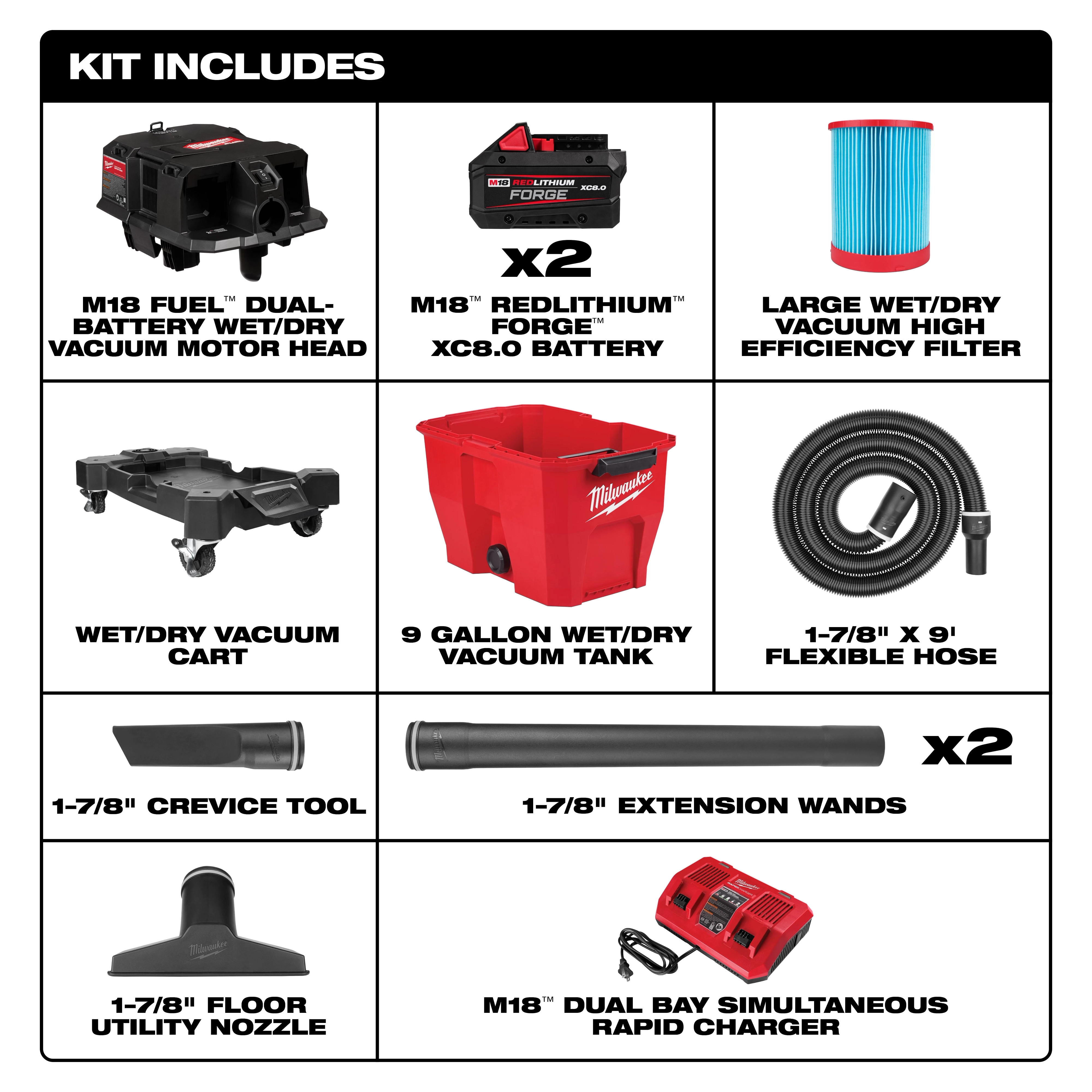 The image shows the components included in the M18 FUEL™ 9 Gallon Dual-Battery Wet/Dry Vacuum kit. Items include the motor head, two batteries, a high-efficiency filter, a vacuum cart, a 9-gallon tank, a flexible hose, a crevice tool, two extension wands, a floor utility nozzle, and a rapid charger.