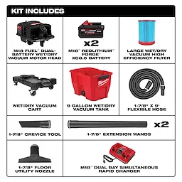 The image shows the components included in the M18 FUEL™ 9 Gallon Dual-Battery Wet/Dry Vacuum kit. Items include the motor head, two batteries, a high-efficiency filter, a vacuum cart, a 9-gallon tank, a flexible hose, a crevice tool, two extension wands, a floor utility nozzle, and a rapid charger.