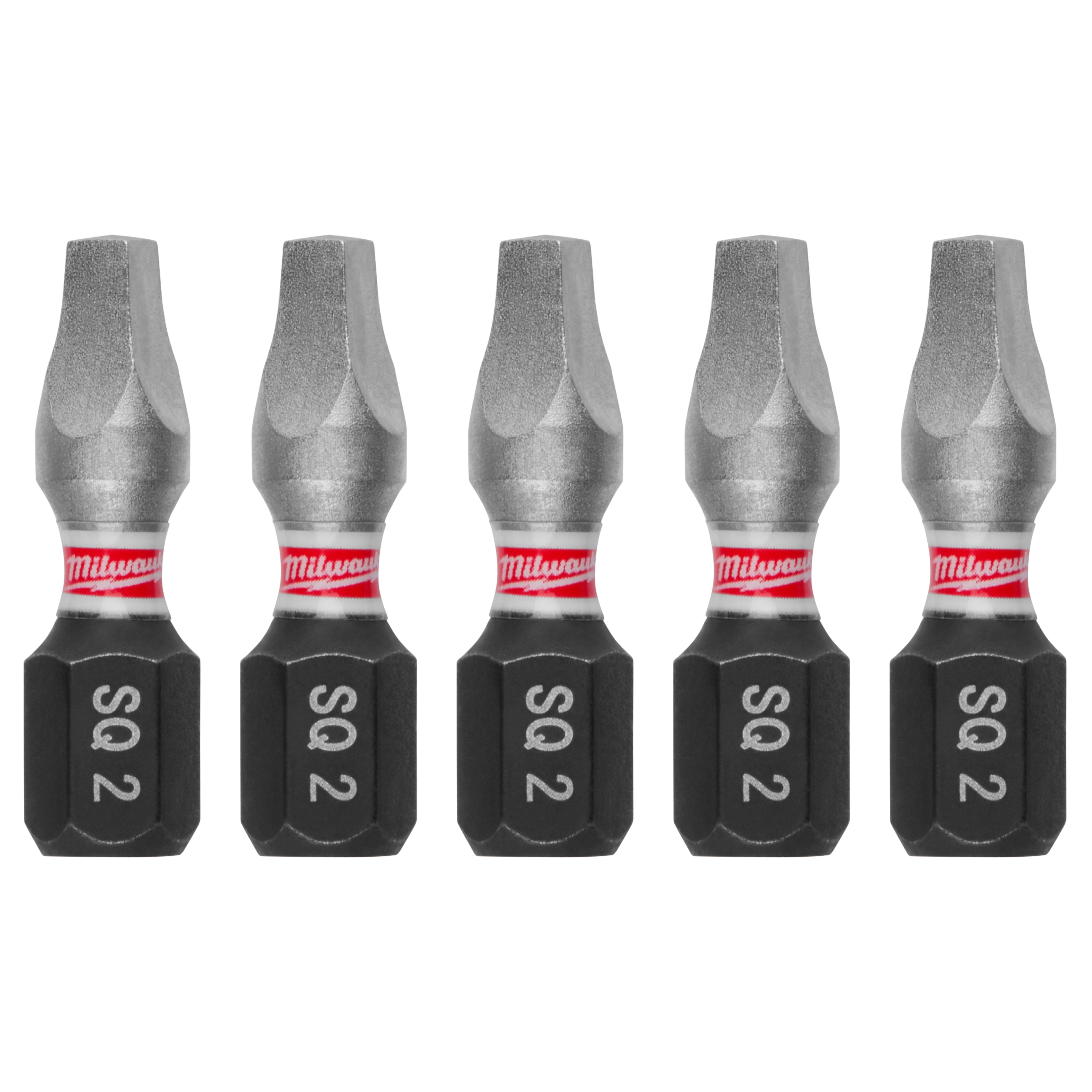 The image shows five SHOCKWAVE™ 1" Impact Duty Square Recess #2 Insert Bits (5 PK). Each bit has a metallic tip, a red and white band, and a black base labeled "SQ 2." They are designed for impact-duty applications.