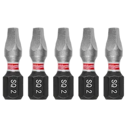 The image shows five SHOCKWAVE™ 1" Impact Duty Square Recess #2 Insert Bits (5 PK). Each bit has a metallic tip, a red and white band, and a black base labeled "SQ 2." They are designed for impact-duty applications.
