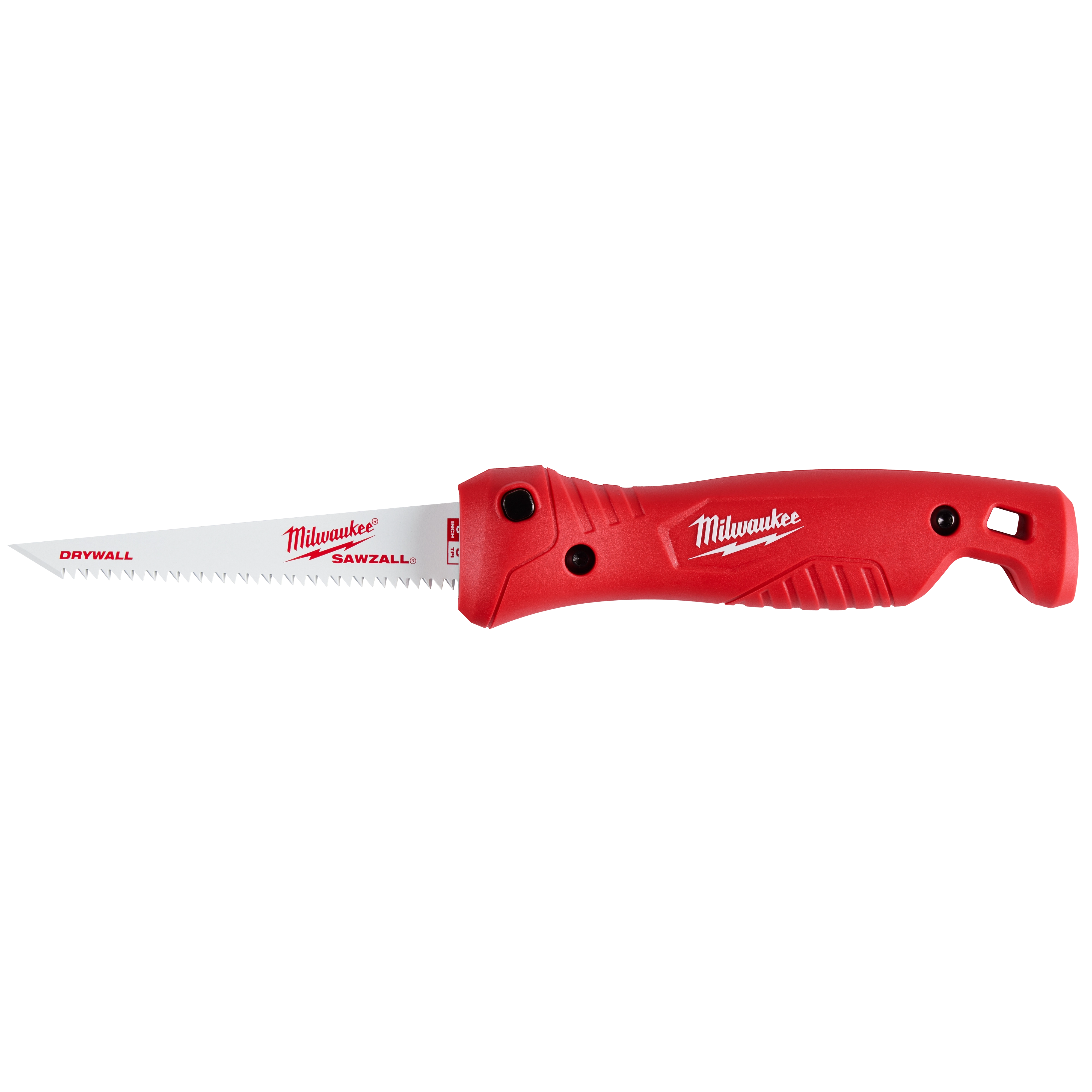 The image displays a Folding Jab Saw with a red handle and a serrated blade designed for cutting drywall. The handle has a black button.