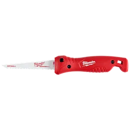 The image displays a Folding Jab Saw with a red handle and a serrated blade designed for cutting drywall. The handle has a black button.