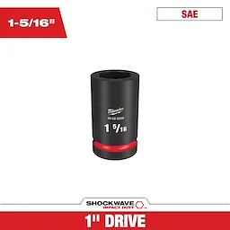 SHOCKWAVE%201%20in.%20Drive%201%205%2F16%20in.%20Deep%20Impact%20Socket is a black, heavy-duty socket with a red band near the base, designed for high-torque applications. It has a 1-inch drive and measures 1 5/16 inches. The socket is labeled with "49-66-6509" and "Milwaukee."