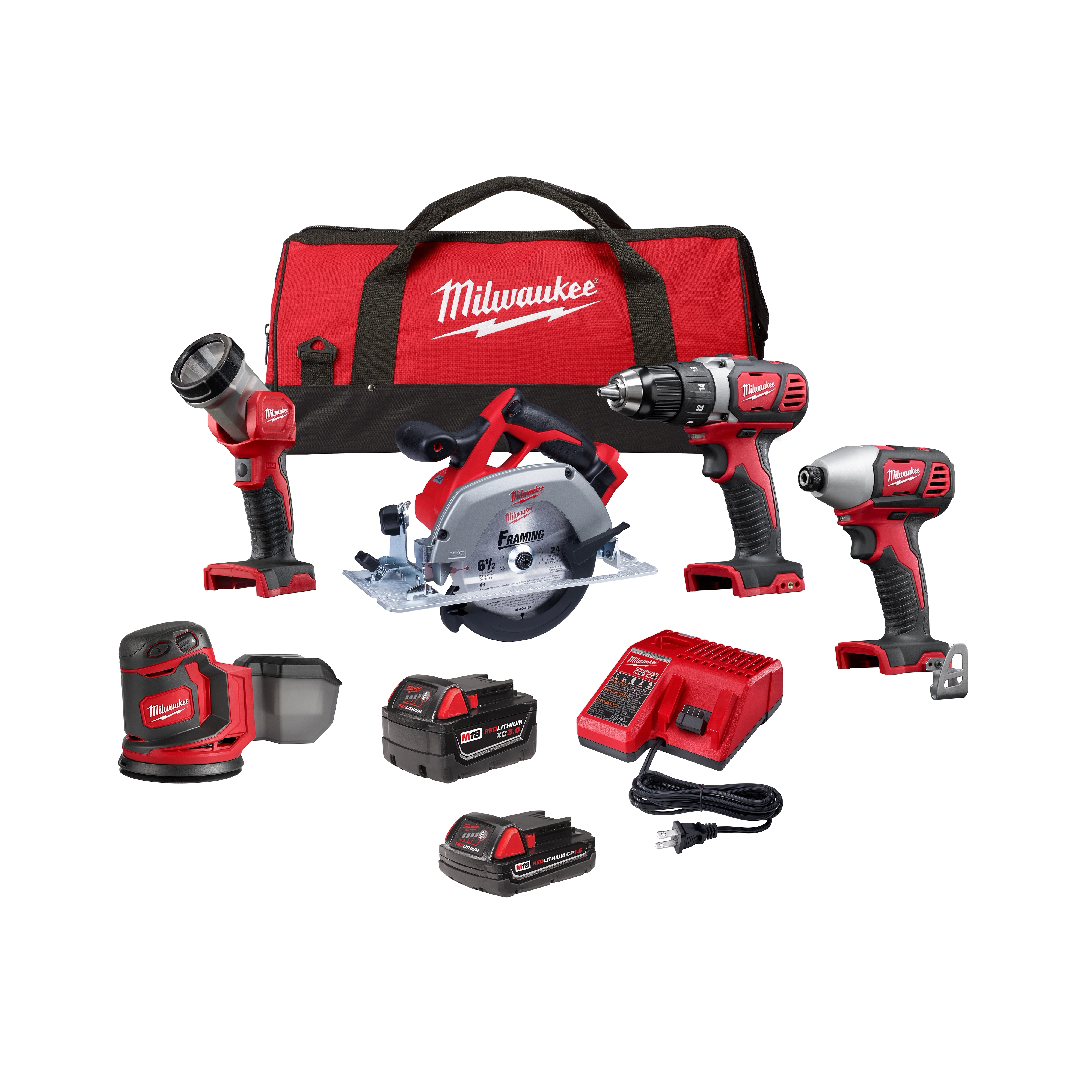 The M18 5 PC Combo Kit includes a cordless drill, impact driver, circular saw, work light, and multi-tool with two batteries, a charger, and a red Milwaukee carrying bag.