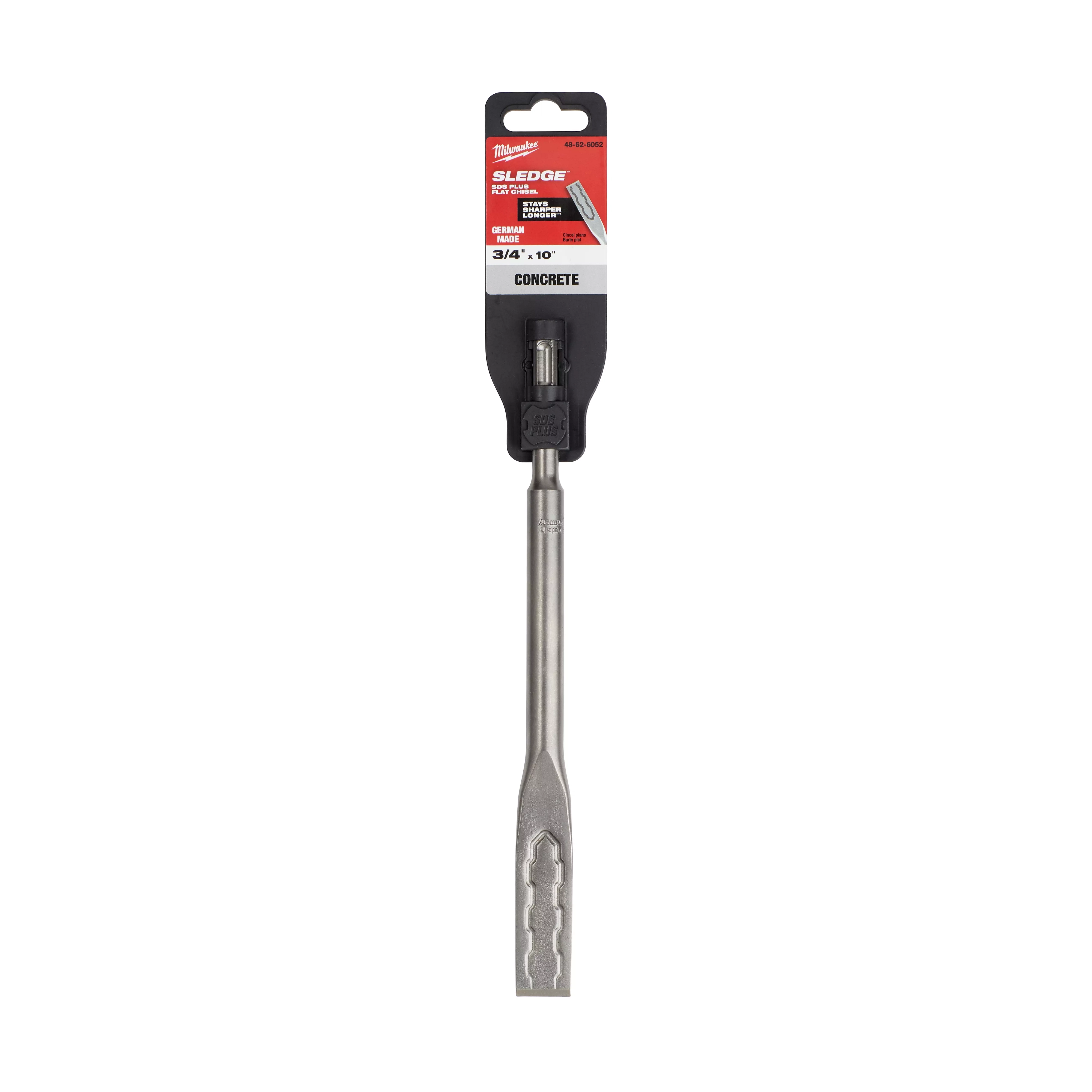 SDS-PLUS SLEDGE 3/4" X 10" Flat Chisel for concrete. Packaged in black and red with a visible chisel head.