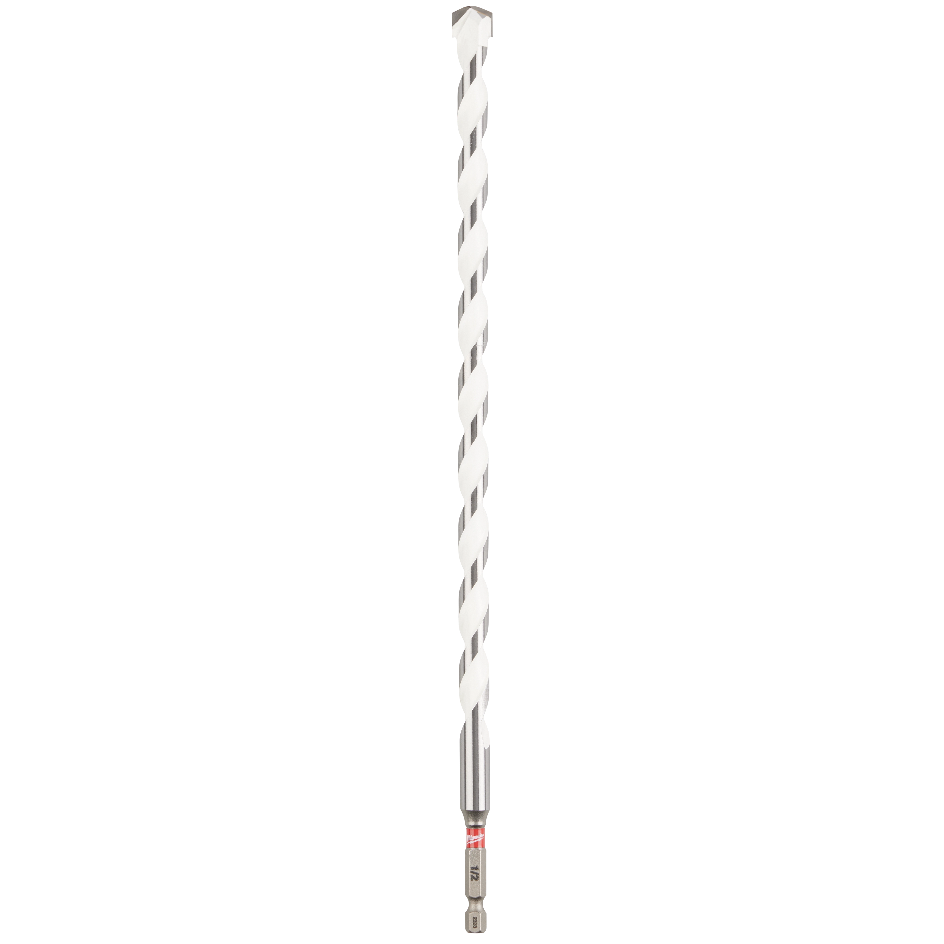 1/2" x 10" x 12" SHOCKWAVE Impact Duty Carbide Multi-Material Drill Bit featuring a spiral design and hex shank for enhanced durability.