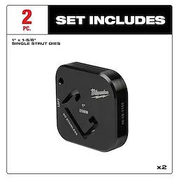 "Set of two Milwaukee 1" x 1-5/8" single strut dies, black with labeling and measurements."