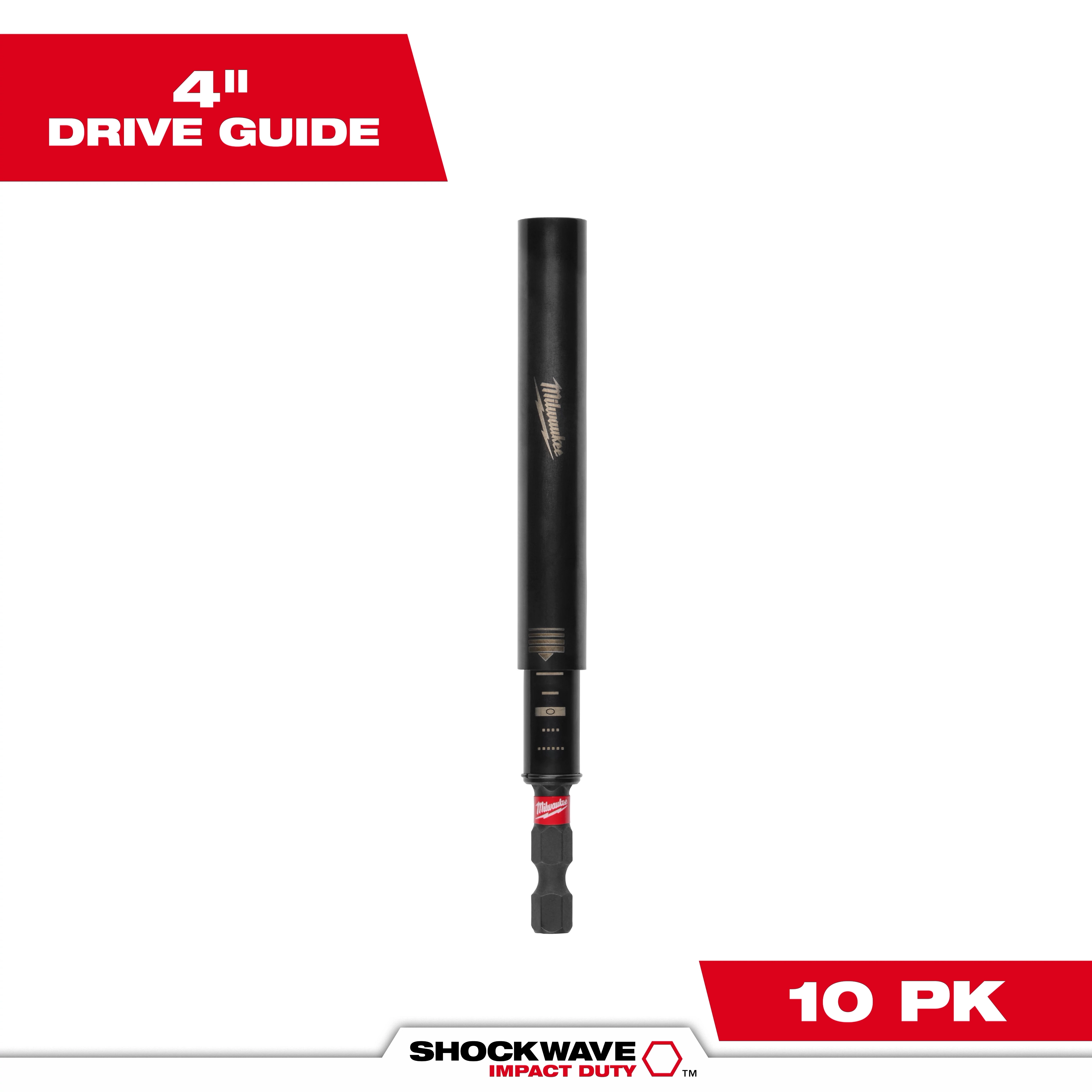 The product image shows the SHOCKWAVE™ 4" Impact Duty Magnetic Drive Guide Bulk (10 pack). It features a black cylindrical drive guide with the Milwaukee logo near the top and a hex base for attachment. The background is white with labels emphasizing "4" Drive Guide" and "10 PK".