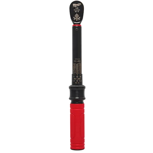 1/4” Drive Click Torque Wrench (40-200 IN-LBS) with a black metal shaft and a red, textured handle for grip. The torque measurement scale is printed on the shaft.