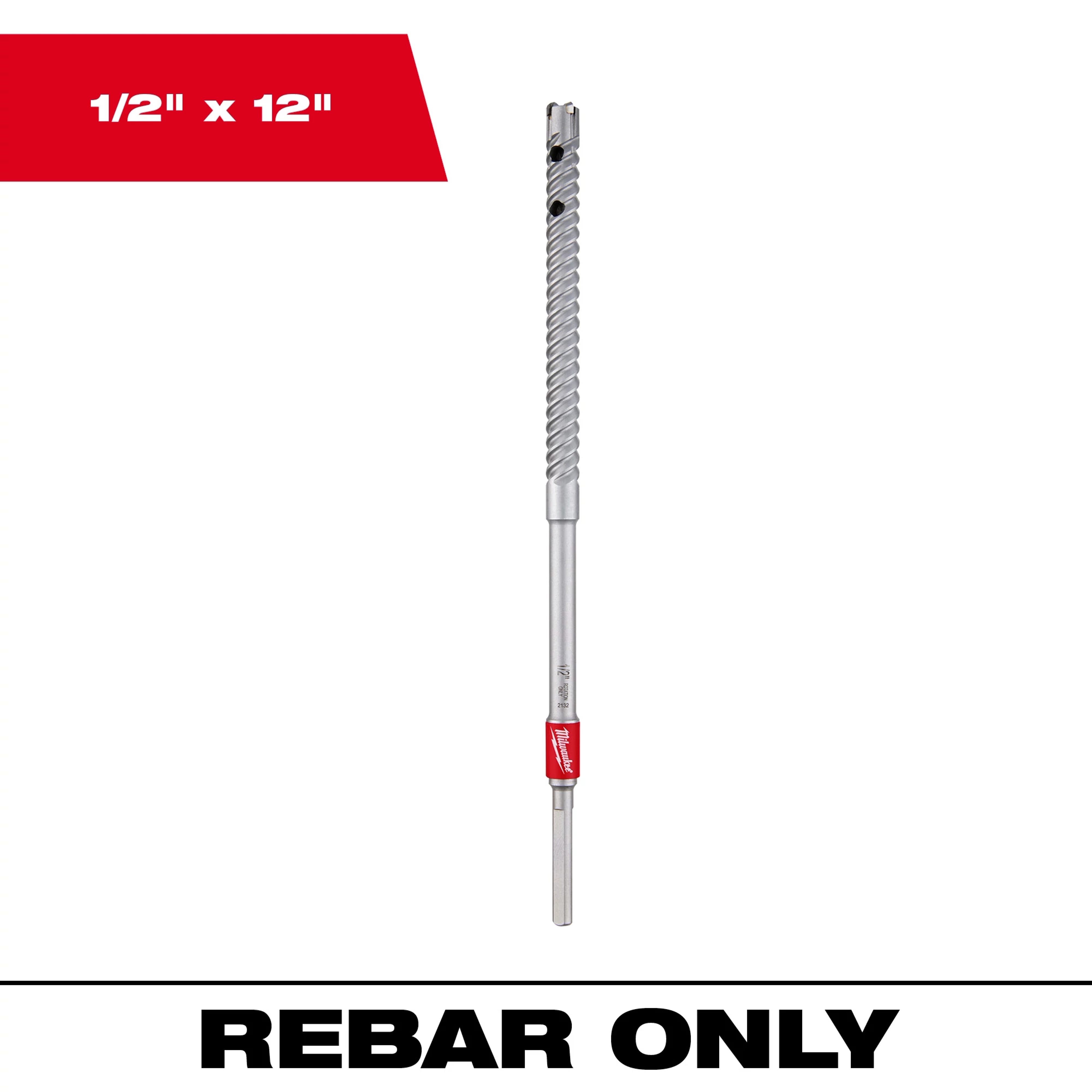 Rebar Cutter Image Reel, a 1/2" x 12" drill bit, shown with a red label and spiral fluted design. Text indicates "REBAR ONLY."