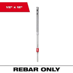 Rebar Cutter Image Reel, a 1/2" x 12" drill bit, shown with a red label and spiral fluted design. Text indicates "REBAR ONLY."