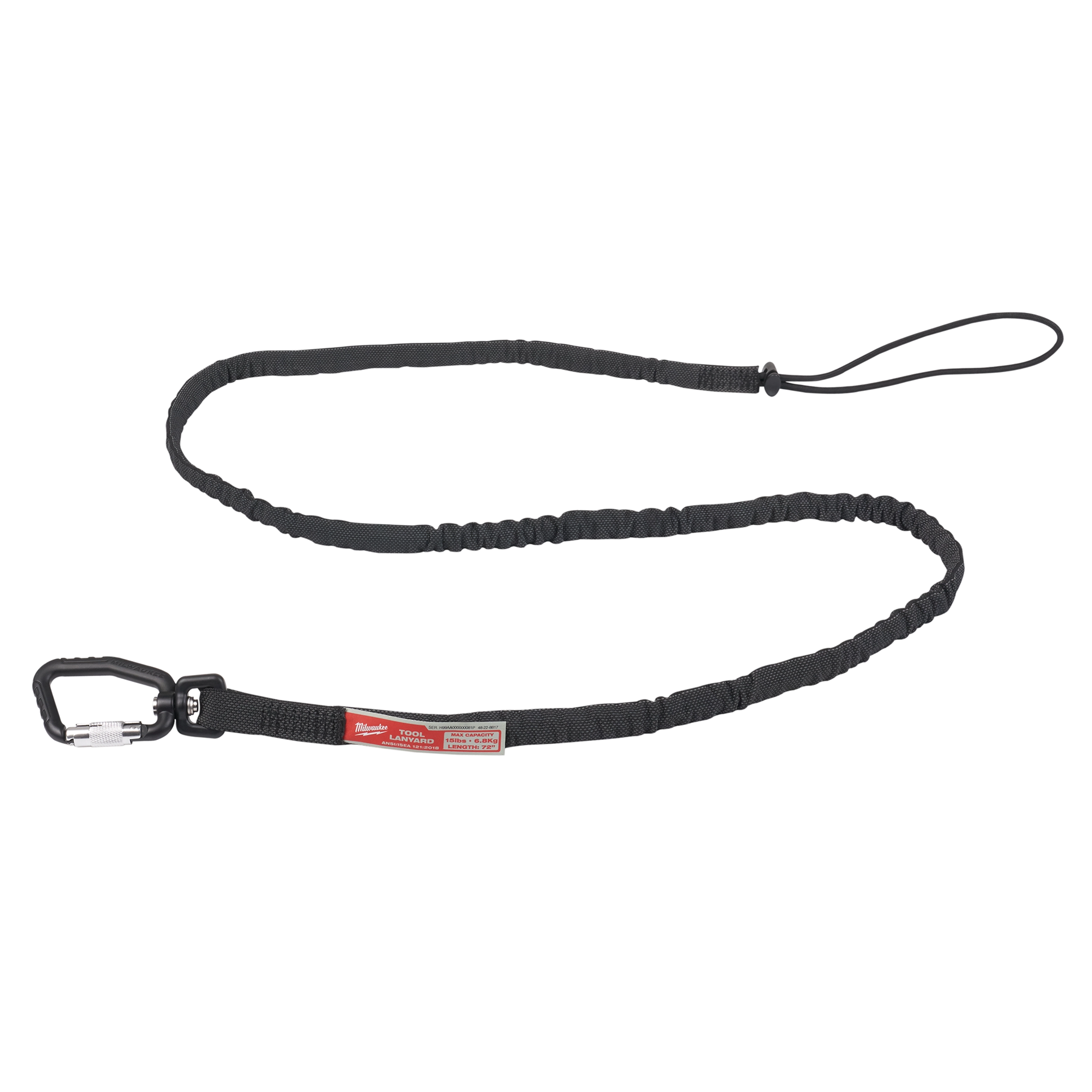 15LBS 72" Extended Reach Locking Tool Lanyard, black with a carabiner on one end and a loop on the other, used for securing tools.