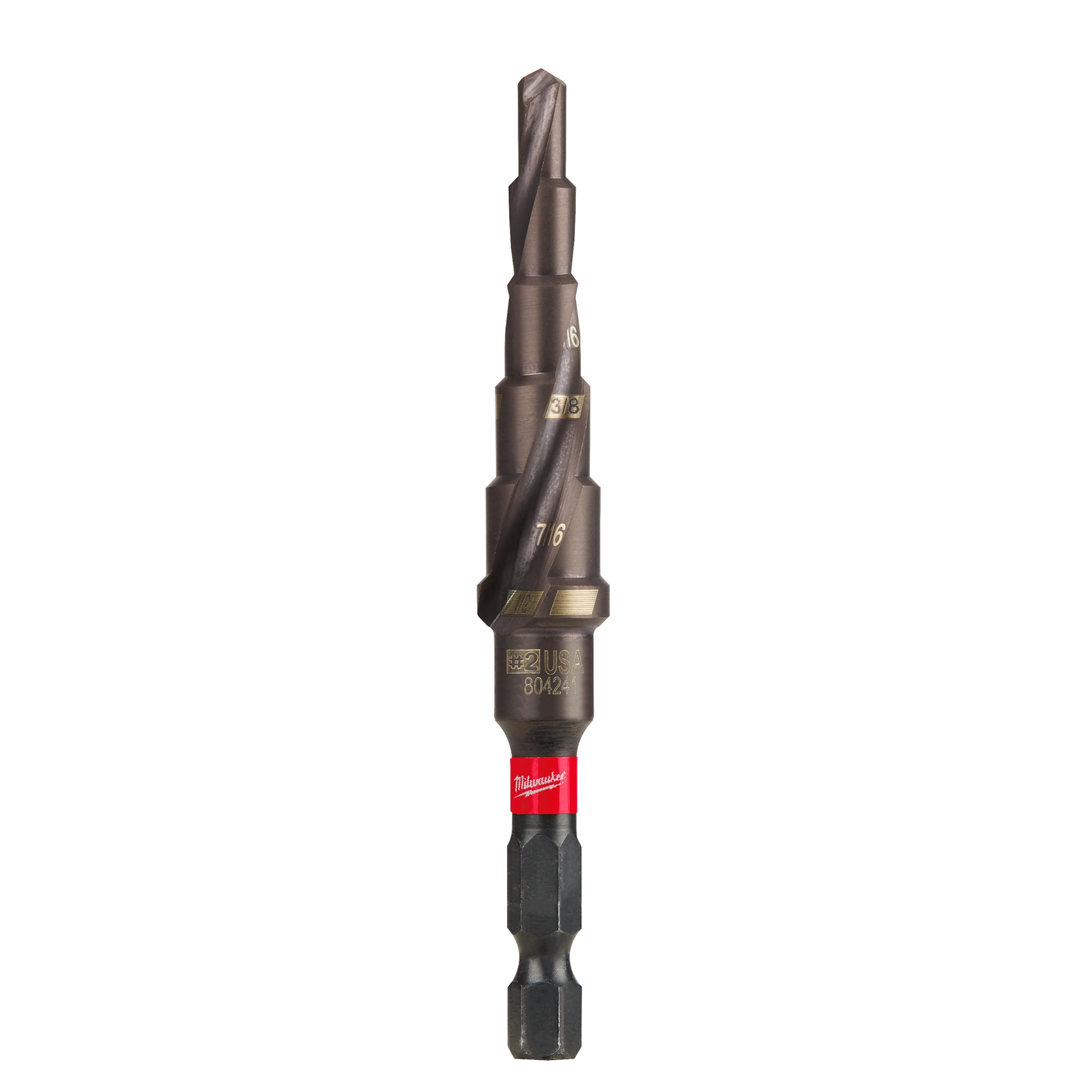 The Impact Step Drill Bit features multiple step sizes for drilling different hole diameters, with a hex shank for secure attachment.