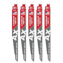 The image features five 9" 5 TPI AX™ with Carbide Teeth SAWZALL® Blades designed for cutting wood with nails. Each blade is silver with red and white branding, showing "AX" and "Carbide Teeth Wood with Nails" text and the American flag highlighting their made in the USA origin.