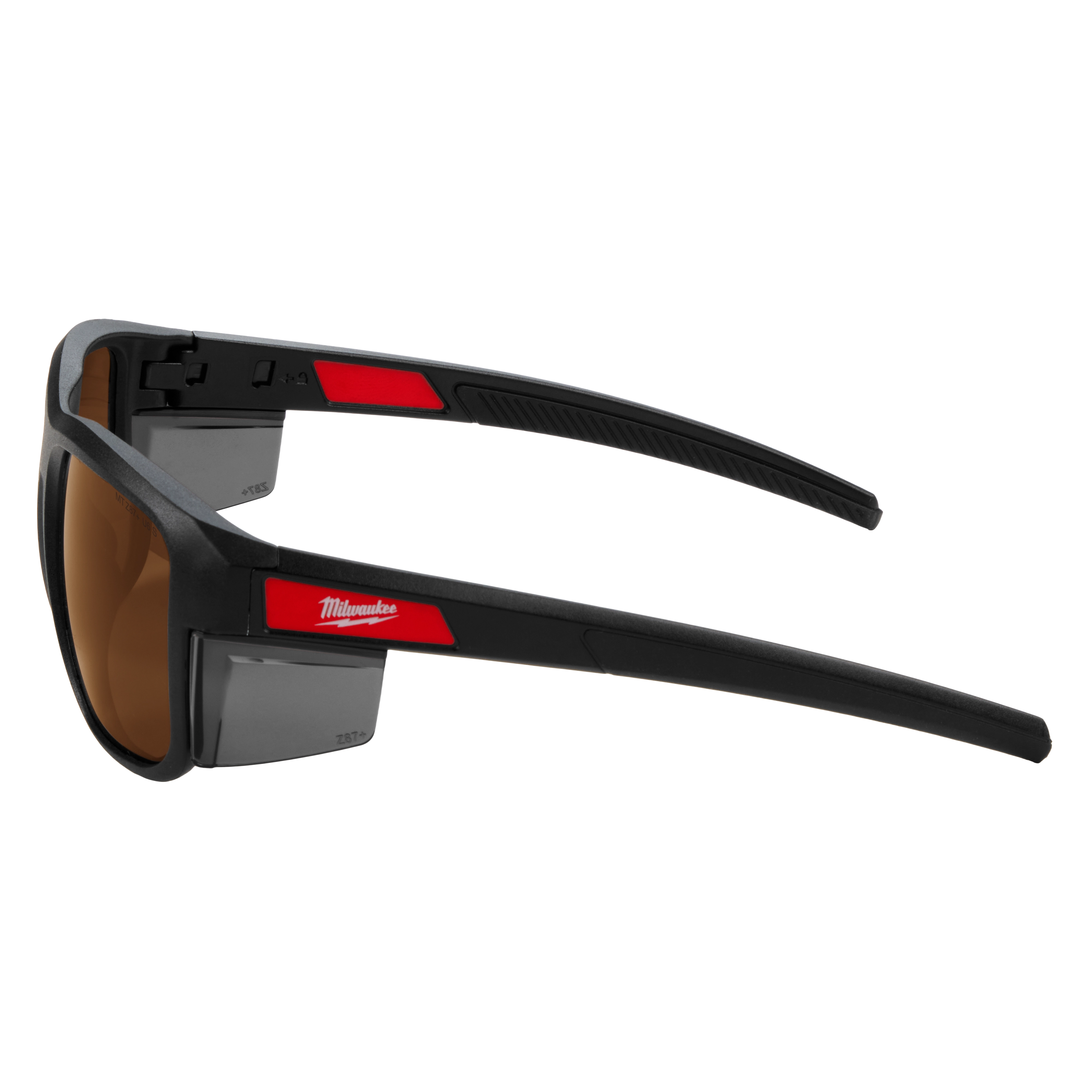Full Frame Safety Glasses with Removable Side Shields feature brown anti-scratch lenses. The glasses are designed for enhanced protection with detachable side guards for added safety. The frame is black with red accents, displaying the brand logo on the temples.