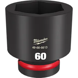 The 1" DR 60MM STD Impact Socket is a black, heavy-duty socket tool with the number 60 and a red ring at the base. The socket is marked with the model number 49-66-6613 and the brand name.