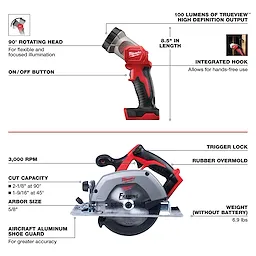 The M18 5 Tool Combo Kit includes tools like a flashlight with a 90° rotating head, integrated hook, and 100 lumens output, and a 3,000 RPM circular saw featuring a rubber overmold, trigger lock, cut capacity of 2-1/8" at 90°, and an aircraft aluminum shoe guard.