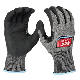 Cut Level 2 High-Dexterity Nitrile Dipped Gloves in XXL. Gloves are black with gray cuffs, featuring a branded label on the back.