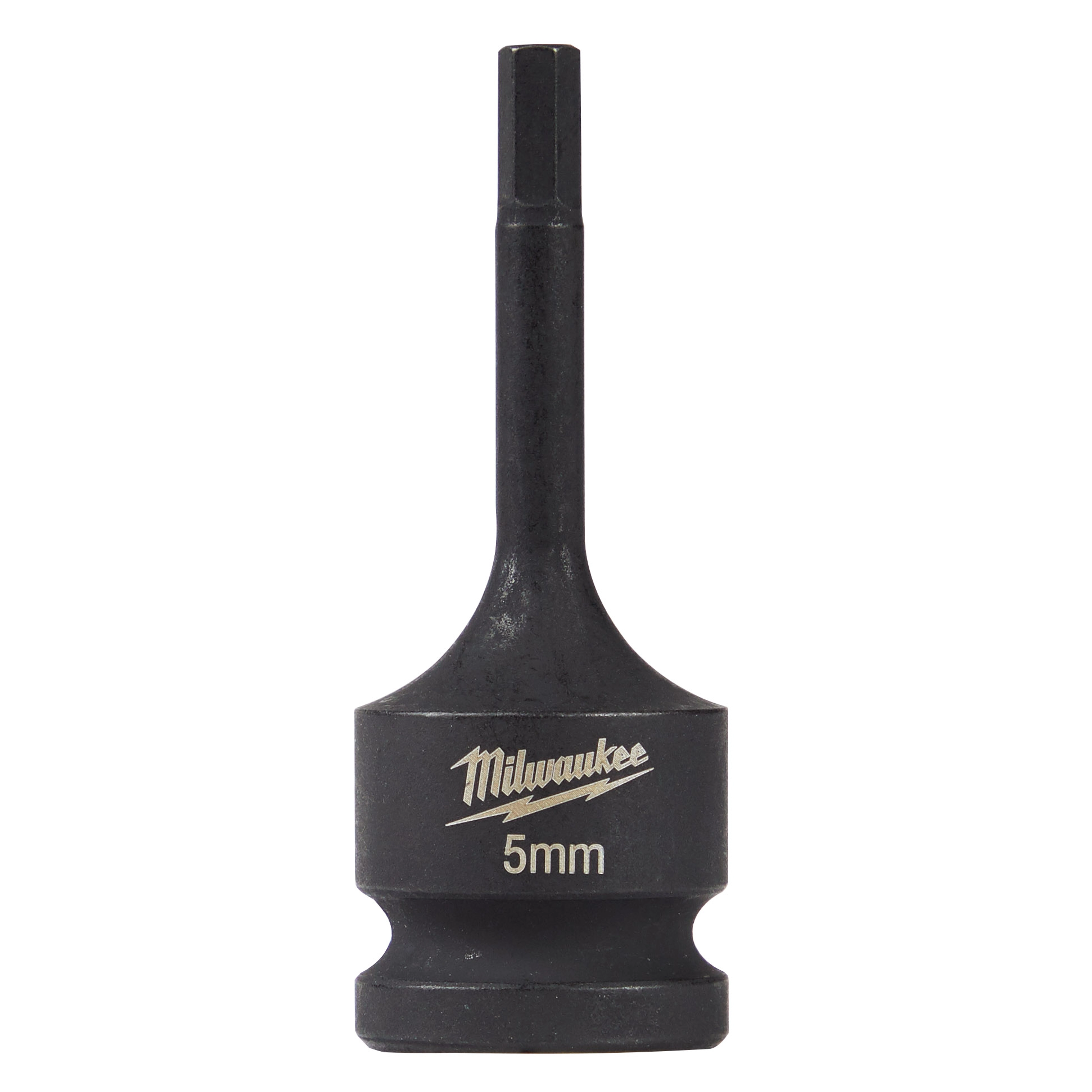 The Shockwave Lineman's 1/2" Drive - 5mm Hex Bit Socket is featured in the image. It has a 5mm hexagonal tip and is made of durable black metal with the Milwaukee logo engraved on it.
