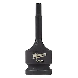 The Shockwave Lineman's 1/2" Drive - 5mm Hex Bit Socket is featured in the image. It has a 5mm hexagonal tip and is made of durable black metal with the Milwaukee logo engraved on it.
