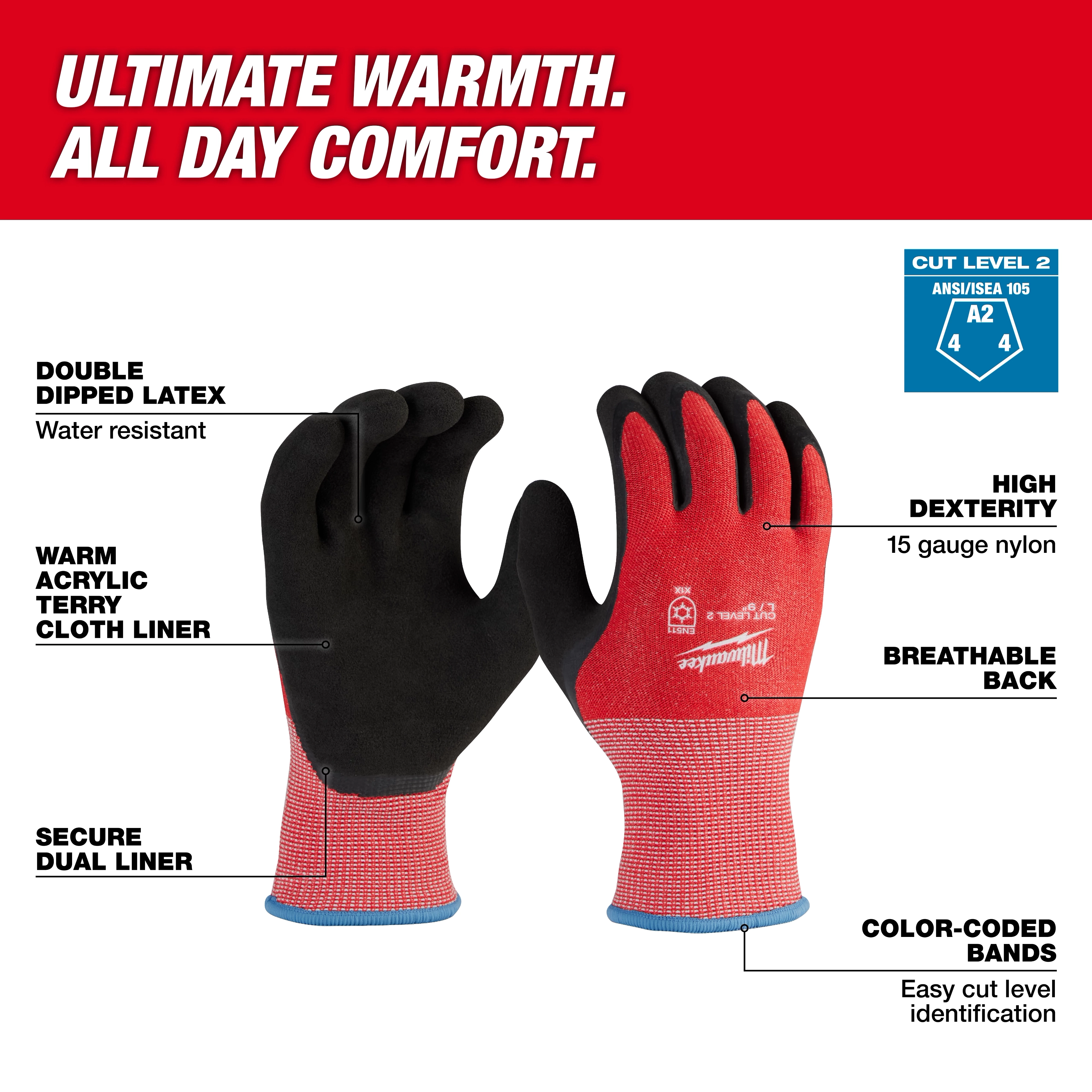 Cut Level 2 Winter Dipped Gloves with black palms and red backs displayed upright on a white background.