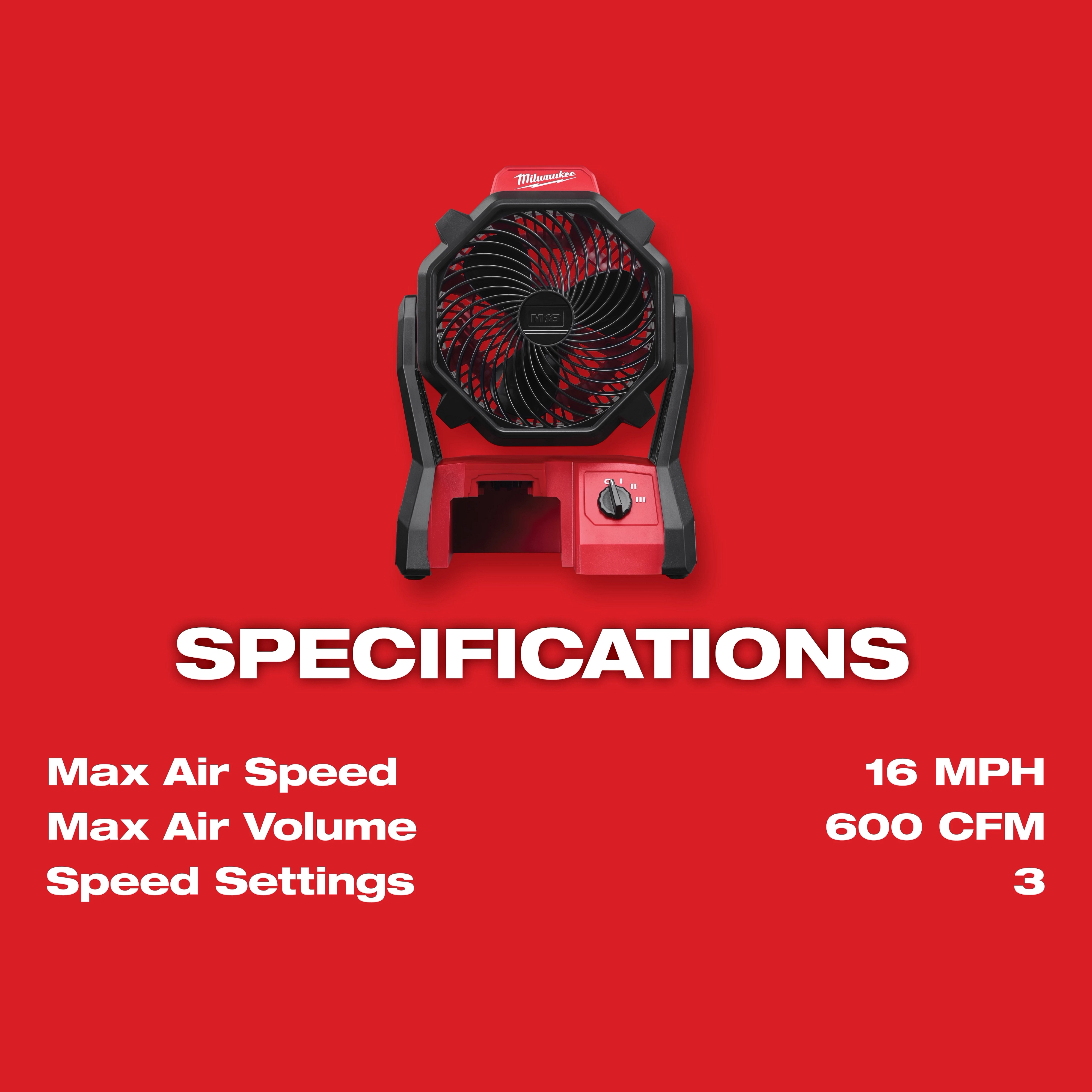 M18 Jobsite Fan specifications: 16 MPH max air speed, 600 CFM max air volume, and 3 speed settings. Product displayed on a red background.